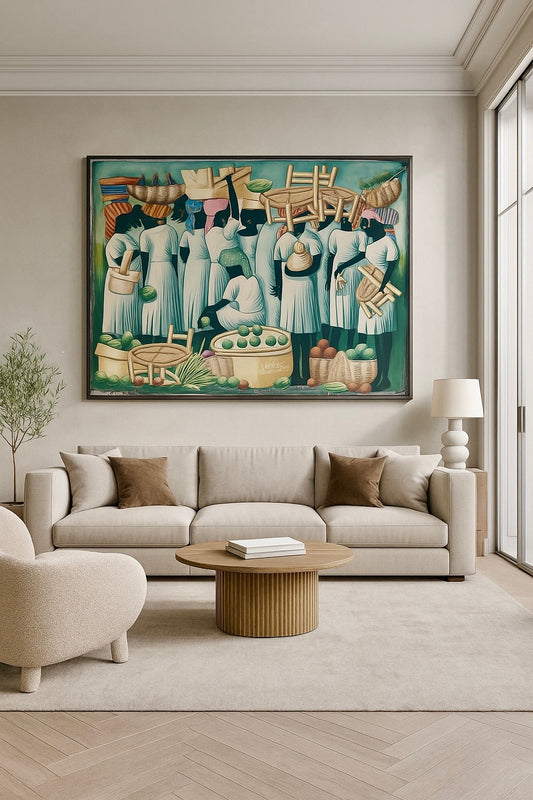 Marché En Haute Haitian market painting, Caribbean Heritage art