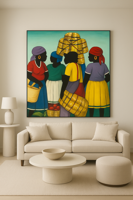 Marché en Bas – Haitian Market Scene Painting, Caribbean Fine Art