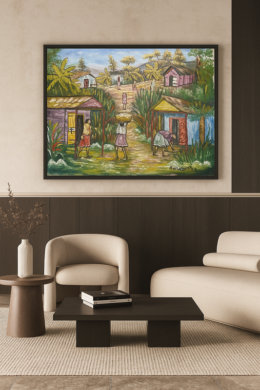 Lakou Enchanté – Haitian Family Courtyard Painting, Cultural Storytelling Art