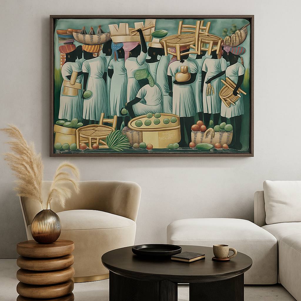 Marché En Haute Haitian market painting, Caribbean Heritage art