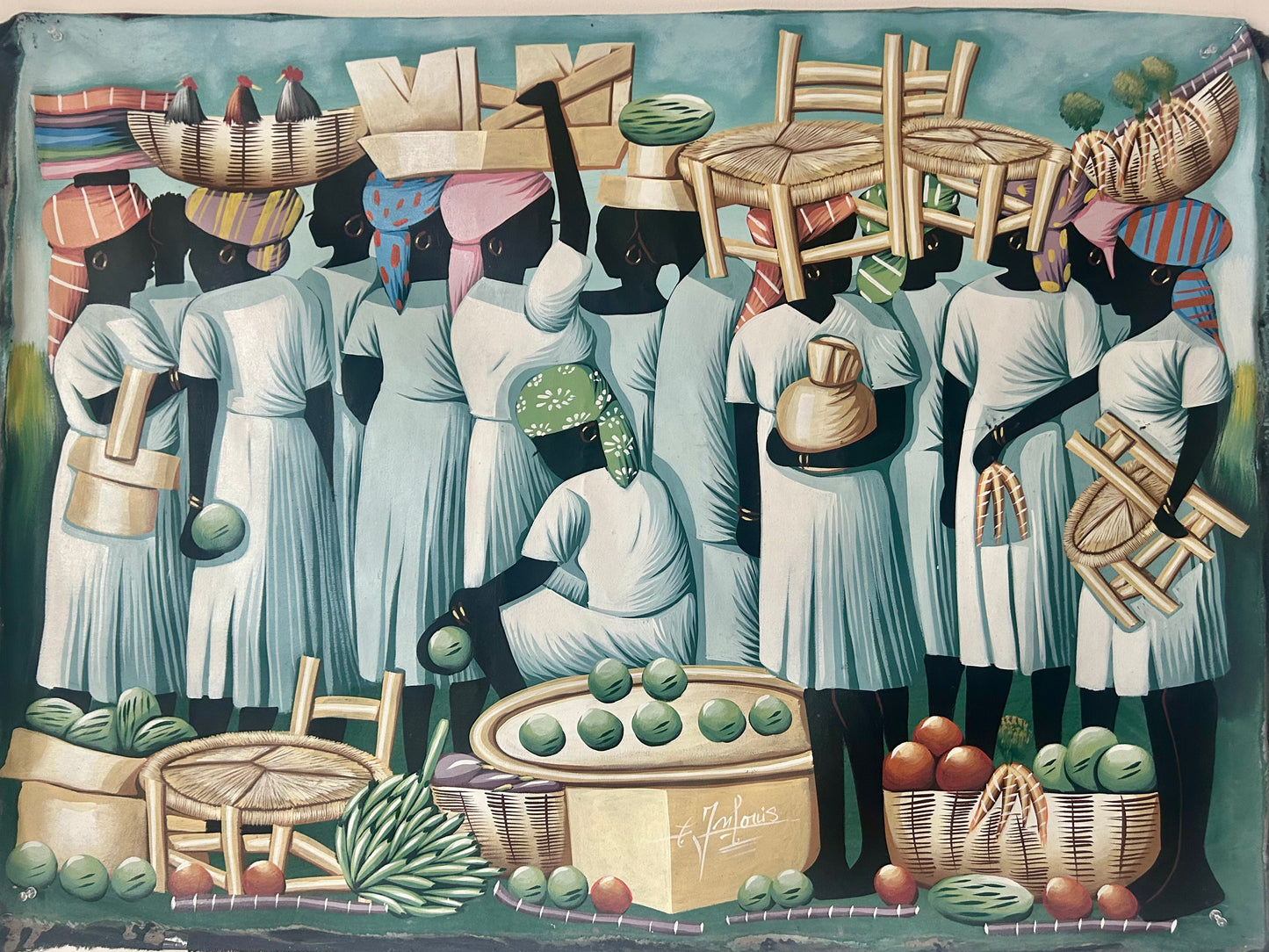 Marché En Haute Haitian market painting, Caribbean Heritage art