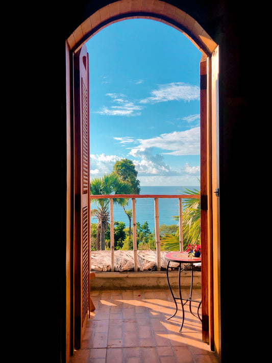 Bungalow door with sea view digital print